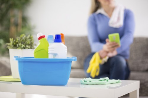 Professional cleaner maintaining a kitchen during regular cleaning