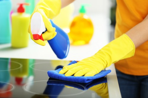 Professional cleaner maintaining a Queenspark office meeting room